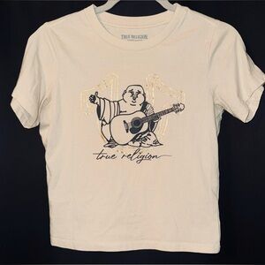 True Religion Happy Buddha Baby Tee in Fog with Metallic Gold and Black size M